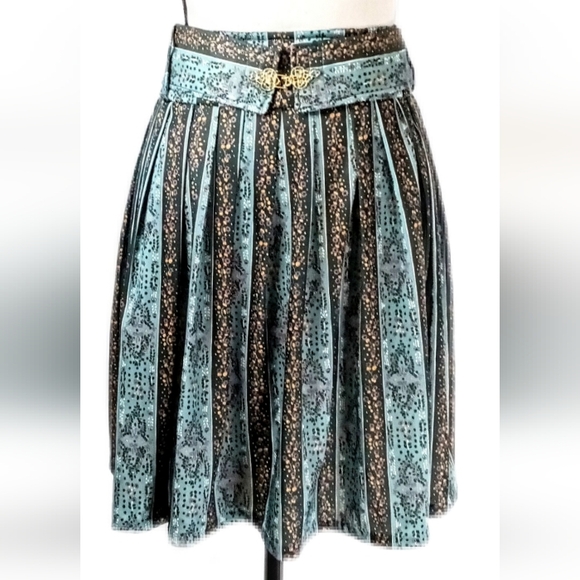 Vintage 60s 70s :: Handmade Women's Belted Floral Striped Green Silky Skirt - Picture 2 of 5